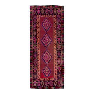 Vintage Kilim Handmade Flatweave Tribal Motif Red Wool Runner For Sale