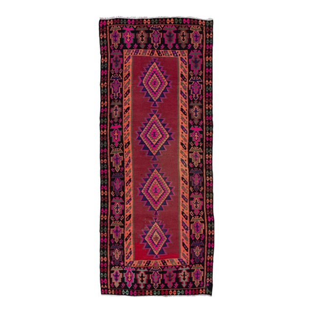 Vintage Kilim Handmade Flatweave Tribal Motif Red Wool Runner For Sale