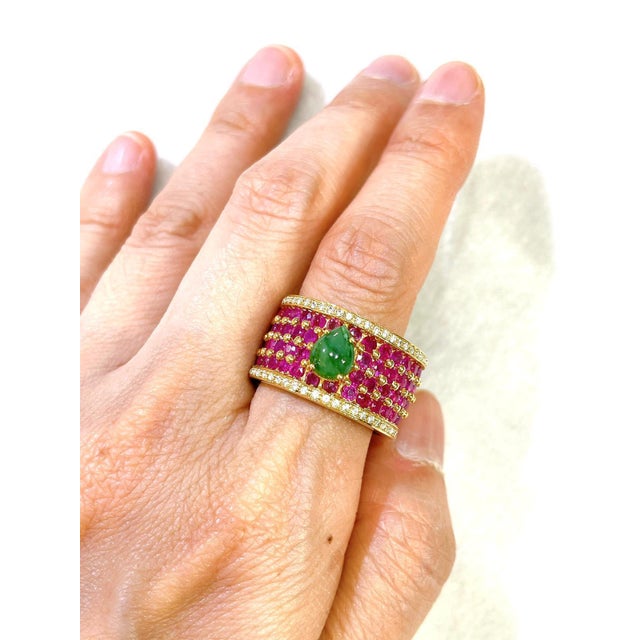 Bochic “Orient” African Ruby, & Jade Vintage Band Ring Set In 18 K Gold & Silver, Size 6 For Sale - Image 10 of 11