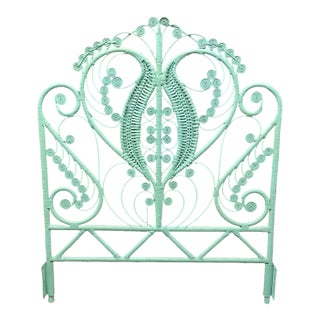 Restored Vintage Rattan Peacock Headboard – Turquoise For Sale