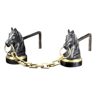 French Horse Head Andirons in Brass and Iron, 1950s, Set of 2 For Sale