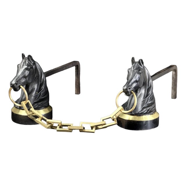 French Horse Head Andirons in Brass and Iron, 1950s, Set of 2 For Sale