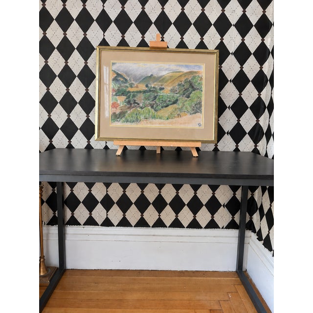 Chinoiserie Signed Original Colored Pencil Landscape Drawing – Rolling Green Hills & Valley, Framed, 1980 For Sale - Image 3 of 10