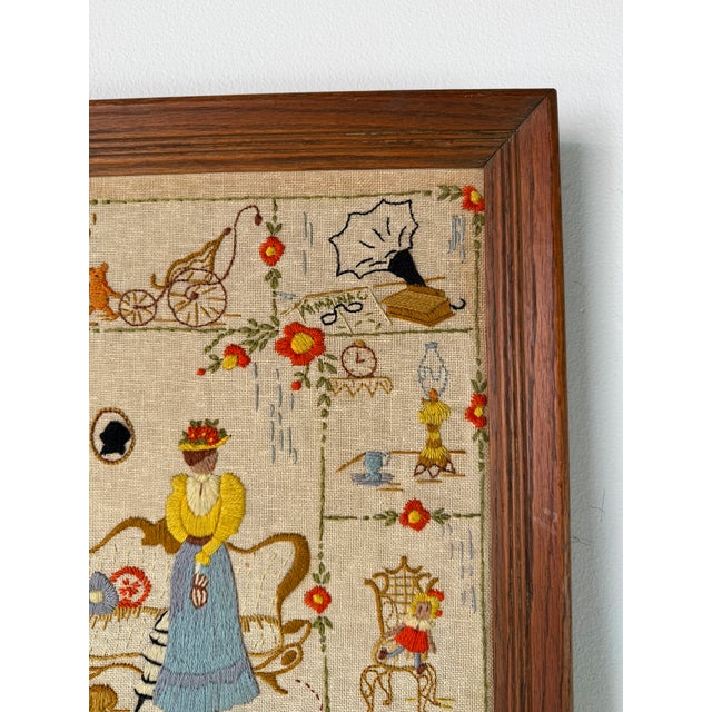 Wood Vintage Framed Needlepoint Textile Wall Art With Whimsical Domestic Scene For Sale - Image 7 of 11
