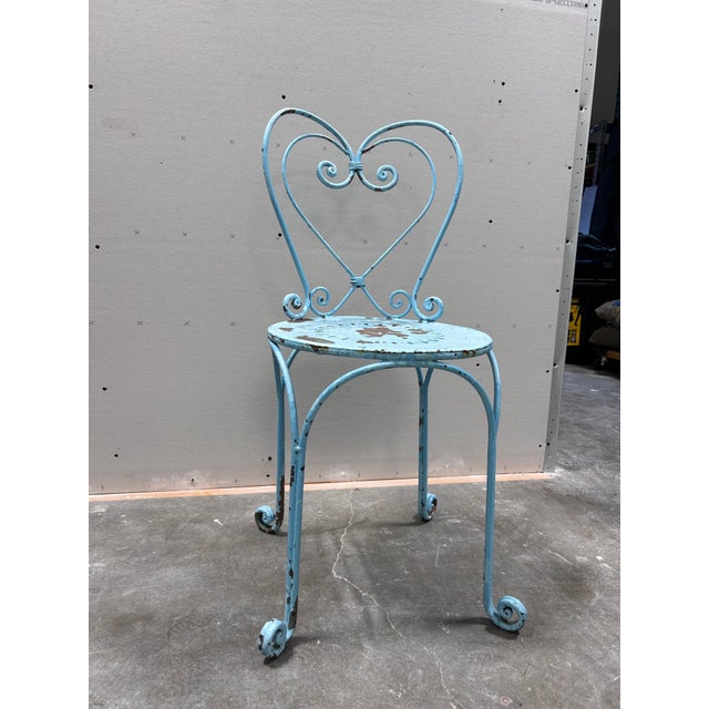 Metal Antique French Wrought Iron Heart-Back Bistro Chairs, Pair, Original Chippy Blue Paint For Sale - Image 7 of 10