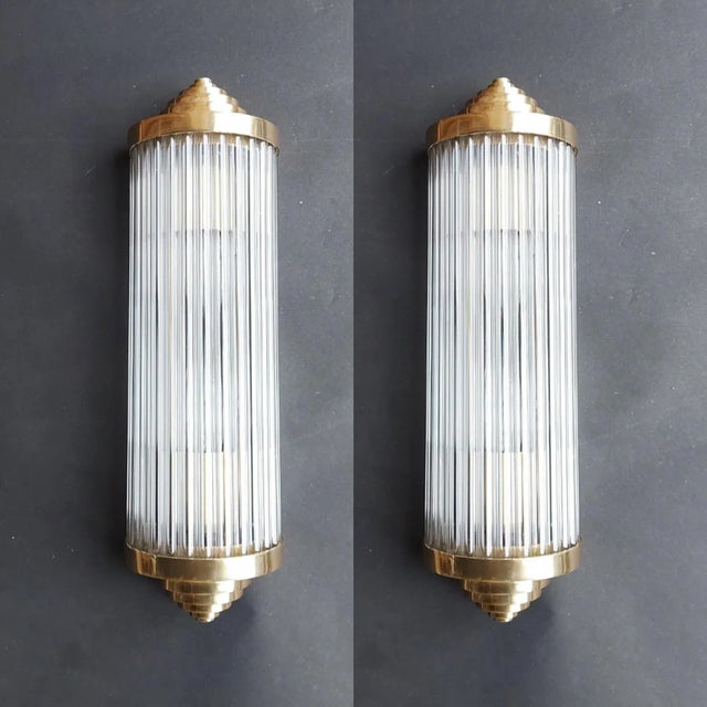 Metal Vintage Art Deco Skyscraper Brass & Glass Rod Fixture Ship Light Wall Sconces - a Pair For Sale - Image 7 of 7