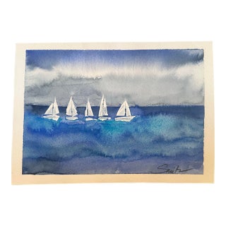 “Sailboats at Sea” Signed Original Watercolor Painting by Nancy Smith For Sale