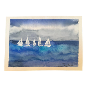 “Sailboats at Sea” Signed Original Watercolor Painting by Nancy Smith