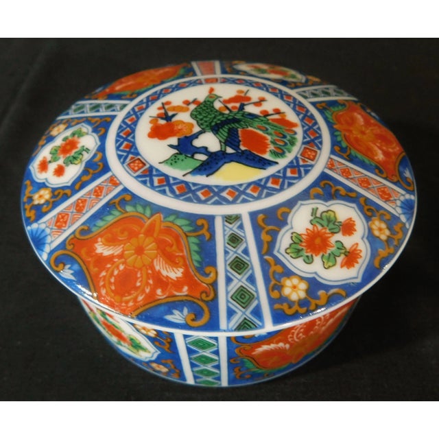Vintage Chinese Hand Painted Red & Blue Peacock Floral Round Porcelain Trinket Dresser Box For Sale - Image 9 of 9