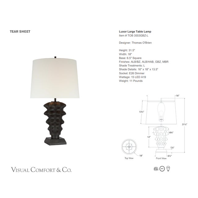 Thomas O'Brien by Visual Comfort Signature Luxor Large Table Lamp in Garden Bronze with Linen Shade Designer: Thomas...