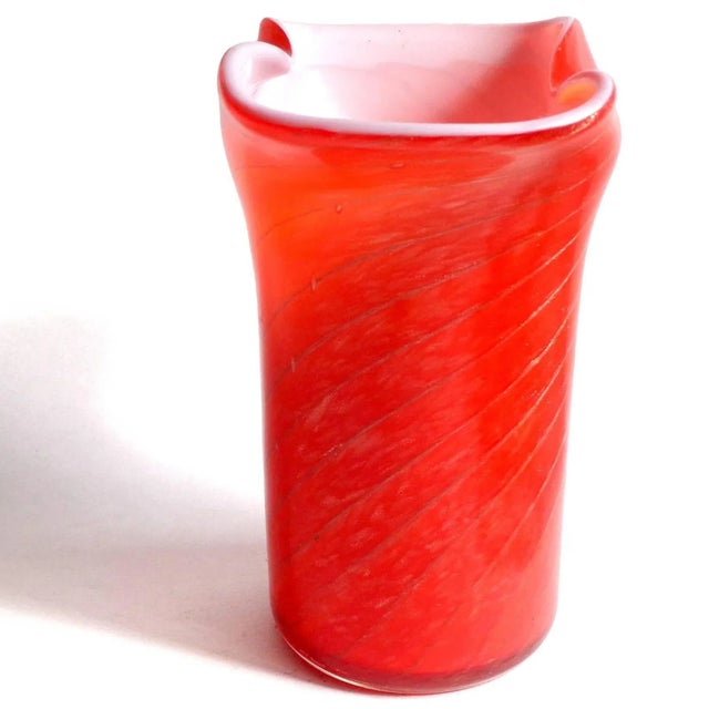 Beautiful vintage Murano hand blown bright ruby red over white and copper aventurine Italian art glass flower vase. The...
