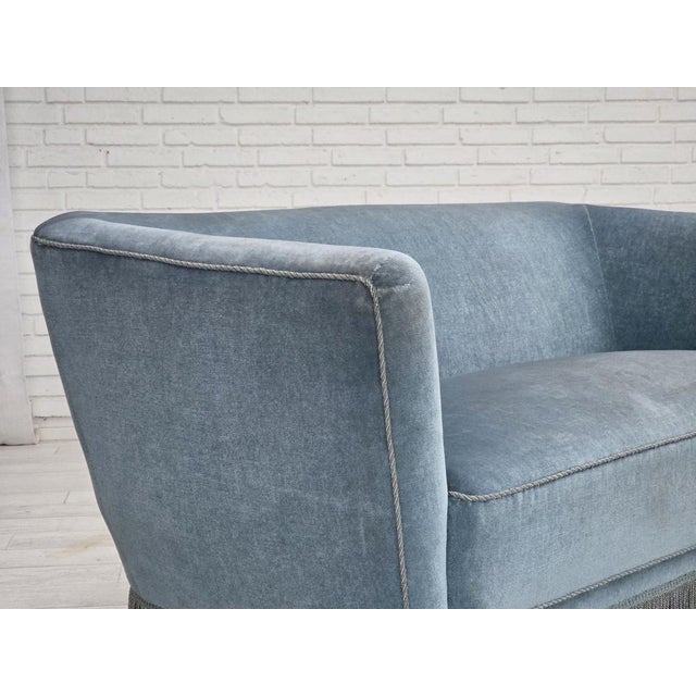 Blue Vintage Danish Two-Seater Sofa in Blue Furniture Velour and Oak, 1970s For Sale - Image 8 of 18