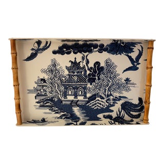 Vintage Blue Willow Chinoiserie Bamboo Handle Serving Tray For Sale