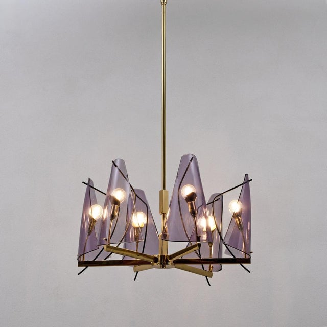 Plastic Mid-Century Italian Chandelier in Brass and Purple Acrylic Glass from Stilux Milano, 1970s For Sale - Image 7 of 8