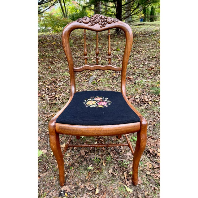 Wood Victorian Accent Chair Carved Oak Crest Needlepoint Seat 1890s For Sale - Image 7 of 7