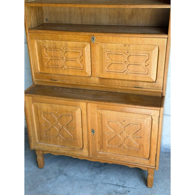 Mid-Century Modern Vintage Danish Oak Secretary Cabinet in Style of Henning Kjærnulf Scandinavian Bookcase Hutch For Sale - Image 3 of 9