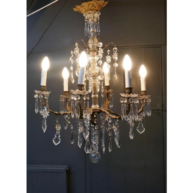 1920s French Crystal 6-Arm Chandelier in Brass, 1920 For Sale - Image 5 of 9