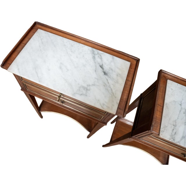 Pair of French Nightstands or Bedside Tables of Mahogany With Inset Marble Tops For Sale - Image 11 of 12