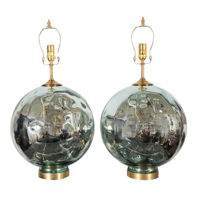 Vintage Pair of Blue-Tinted Spherical Mercury Glass Lamps For Sale