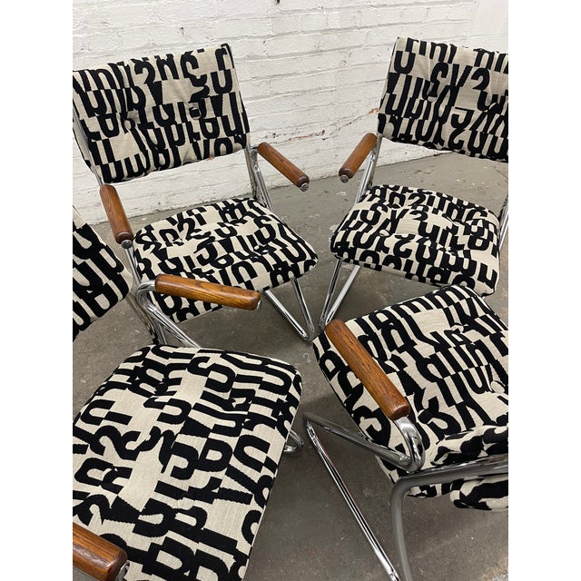 Set of 4 Vintage 1970’s Daystrom Chrome Tubular Dining Chairs With Wooden Armrests For Sale - Image 10 of 14