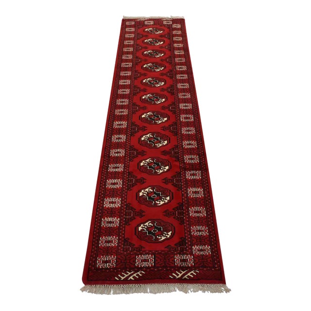 Turkmen Runner 2’7” X 9’6” Red Wool Vintage Tribal Hand-Knotted Oriental Rug For Sale