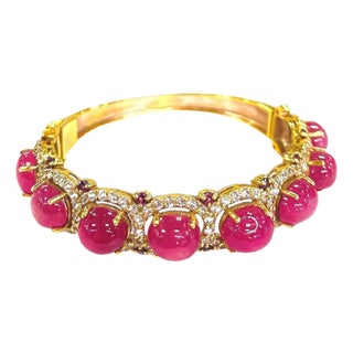 Bochic "Capri" Red Ruby & White Topaz Bangle Set In 18K Gold & Silver For Sale