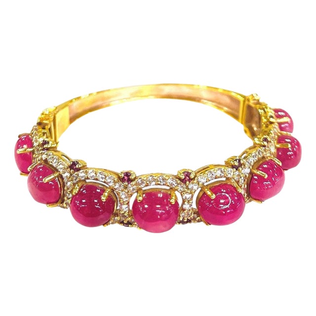 Bochic "Capri" Red Ruby & White Topaz Bangle Set In 18K Gold & Silver For Sale