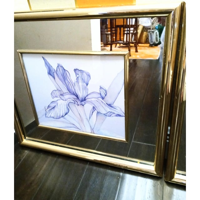 Glass Vintage Mirrored Framed Floral Hollywood Regency Watercolor Prints Art Work- a Pair For Sale - Image 7 of 12