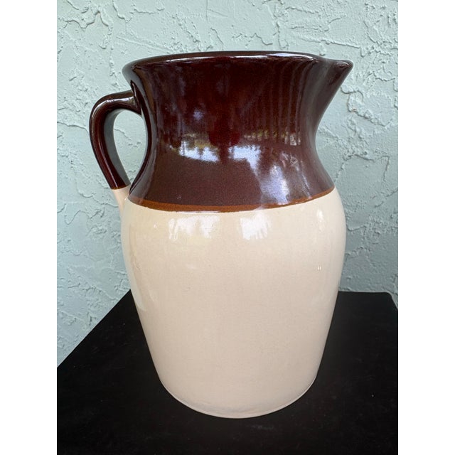Vintage American Two-Tone Pottery Water Jug Pitcher in Brown & Cream Glaze For Sale - Image 4 of 8
