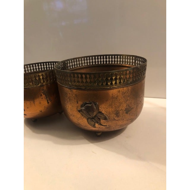 1940s Copper Brass Reticulated Footed Planters With Rose - A Pair For Sale - Image 15 of 18