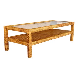 Vintage Coastal Organic Modern Rattan Wrapped Cane Coffee Table With Glass Top For Sale