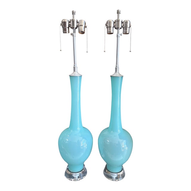 Pair of Mid Century Modern Teal Blue Murano Glass Table Lamps For Sale