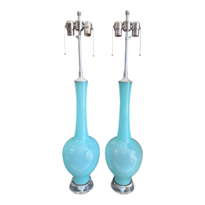 Pair of Mid Century Modern Teal Blue Murano Glass Table Lamps