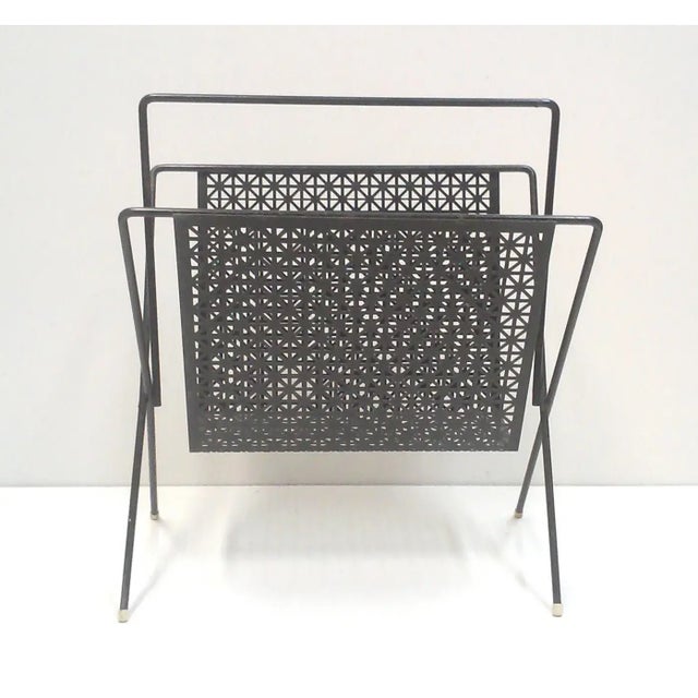 Industrial Mid 20th Century Black Perforated Metal Magazine Rack For Sale - Image 3 of 5