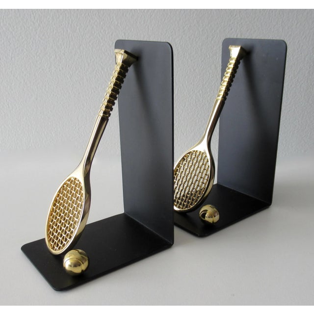C.1980's Brass Tennis Racket & Ball Bookends With Black Satin Metal Backs -Made Exclusively for Lord & Taylor For Sale - Image 9 of 13