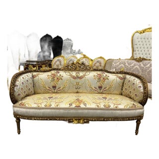 Baroque Style Beige Tan Sofa Gold Leaf Details For Sale