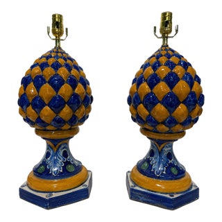 1940s Italian Majolica Ceramic Artichoke-Form Table Lamps - a Pair For Sale