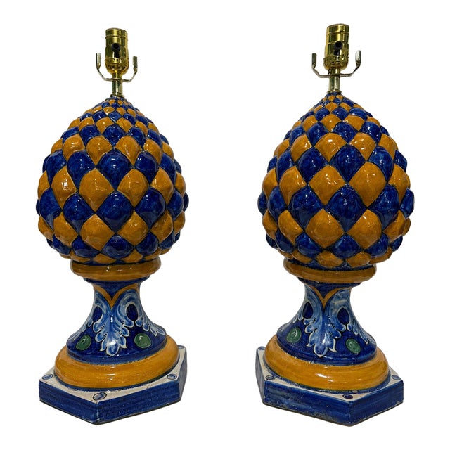 1940s Italian Majolica Ceramic Artichoke-Form Table Lamps - a Pair For Sale