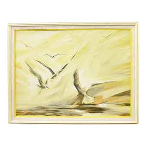 1970s Impressionist Style Coastal Landscape with Seagull Oil Painting by B. Buckner, Framed