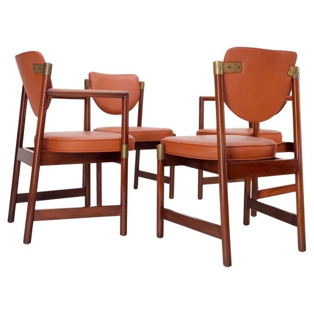 Set 4 Grosfeld House Brick Leather Upholstery Brass Accents Dining Chairs For Sale - Image 13 of 13