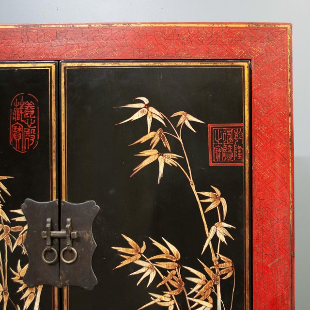 Vintage Chinese Red & Black Lacquered 2 Door Cabinet For Sale - Image 4 of 8