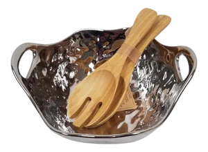 Silver Colored Porcelain Salad Bowl With Bamboo Servers - Set of 3