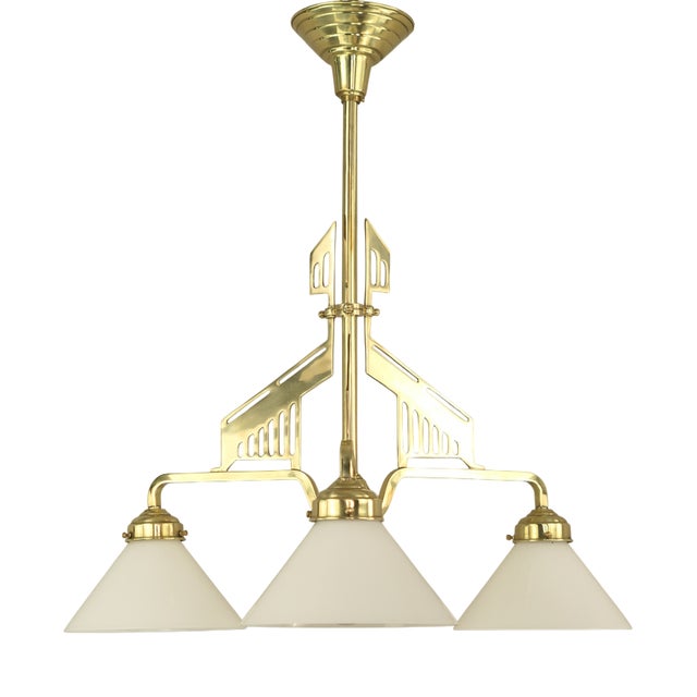 Art Deco Brass Chandelier with Opal Glass Shades, Vienna, Austria, 1925 For Sale