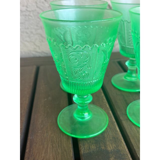 American 1930s Art Deco Green Pressed Uranium Vaseline Glass Goblets - Set of 6 For Sale - Image 3 of 5