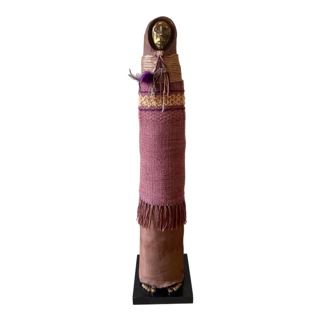 1980s Tall Southwestern Mixed-Media Figurative Sculpture With Brass Face by Naida Seibel, 41.5” H For Sale