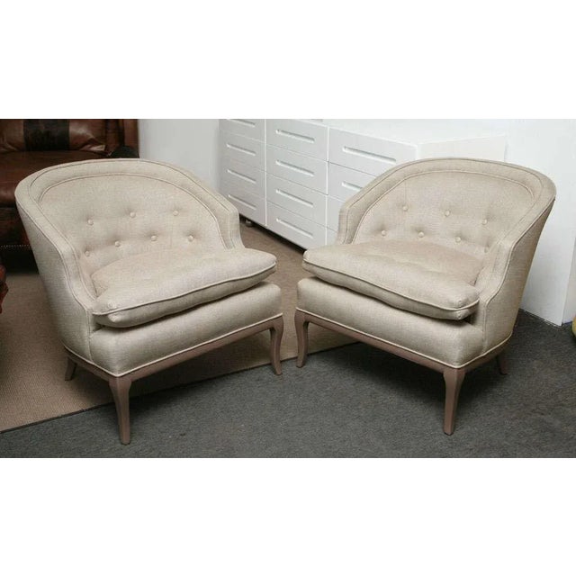 Pair of elegant tufted sleeper boudoir armchairs, Circa 1960s from France. Reupholstered with a natural linen cotton...