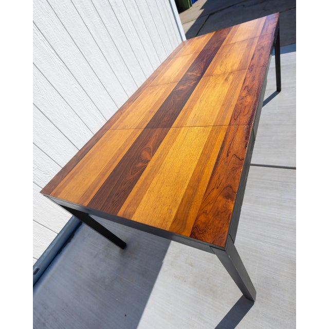 1960s Attributed to Milo Baughman for Directional Multi-Wood Parquetry Square With 2 Extensions Dining Table For Sale - Image 11 of 16