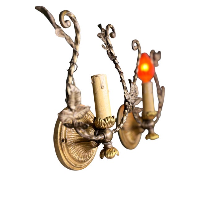 Metal 1910s Cast Brass Wall Sconces With Trailing Vines and Leaves Original Antique Patina - a Pair For Sale - Image 7 of 11
