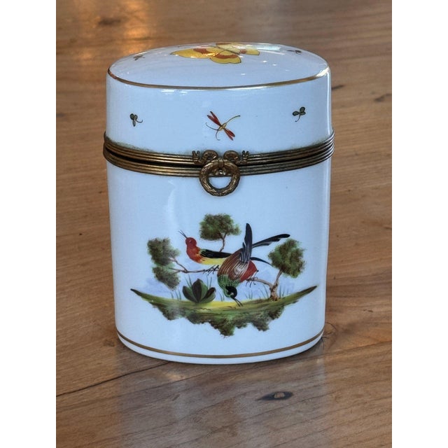 Vintage Sèvres porcelain box, oval and upright, painted on the front with a pair of colorful birds among small trees on a...
