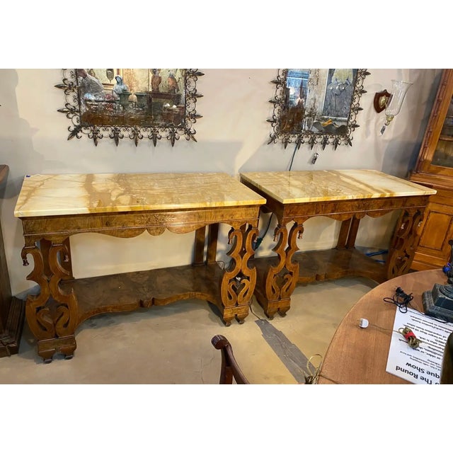 19th Century Pair of 19th Century Continental Inlaid Walnut Consoles With Yellow Onyx Tops For Sale - Image 5 of 15